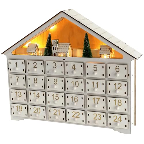 Calendario de Adviento de madera con 24 cajones y luces LED Calendario de Adviento vacío reutilizable para llenar usted mismo Calendario de Navidad Regalo Sin batería