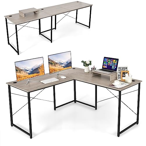 GIANTEX Escritorio esquinero en forma de L, mesa de ordenador reversible con soporte para monitor, 2 combinaciones, escritorio para ordenador, angular, mesa de oficina, mesa de esquina, mesa de juegos