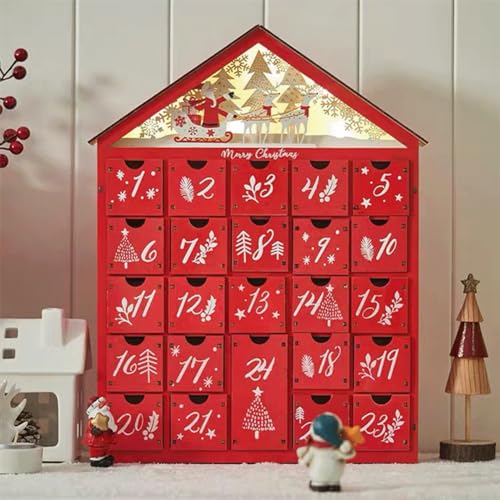 Glorlliant Calendario de Adviento de Navidad de madera roja, con 24 cajones de almacenamiento, cuenta regresiva para Navidad, calendario de cuenta regresiva para Navidad, recargable