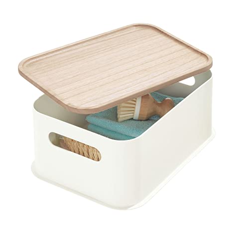 iDesign Caja organizadora con asas, cesta organizadora mediana de plástico reciclado y sin BPA, caja con tapa de madera de paulownia, blanco