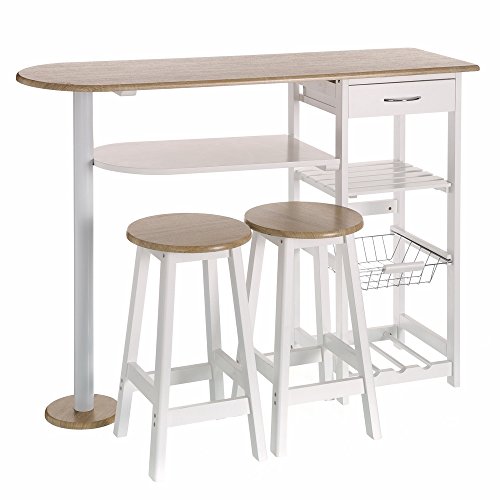Conjunto de mesa alta y 2 taburetes con 1 cajón, 2 estantes, cesta extraíble y botellero para cocina de madera blanco y natural -LOLAhome