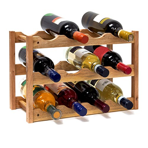 Relaxdays 10019279 – Botellero pequeño 28 x 42,5 x 21 cm Madera Estante con 3 niveles para 12 botellas de botellas de vino pequeño soporte para botellas de vino de nogal barnizada para waagerechten almacenar, natural