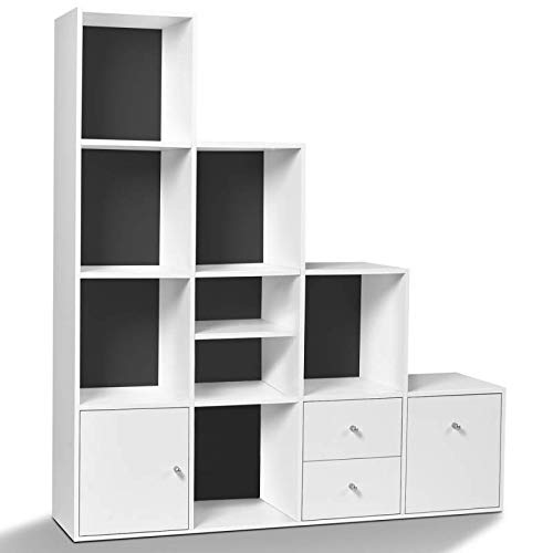 IDMarket – Mueble de almacenamiento escalera 4 niveles madera blanco fondo gris con puerta y cajones