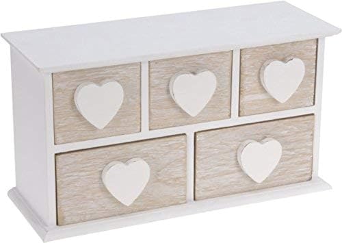 Pequeño joyero de madera con 5 cajones, corazón de madera blanco, caja de almacenamiento