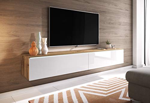 PIASKI Mueble de TV Lowboard D 180 cm, Mueble de televisión, Mesa de TV, iluminación LED Opcional, Color wotan/Blanco Brillo (Sin iluminación LED)