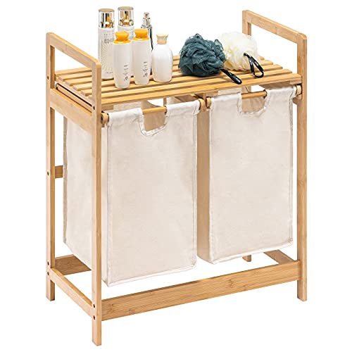 YOUDENOVA Cesto para la ropa sucia de bambú con estante, 2 bolsas de lavandería extensibles, 2 compartimentos, 73 x 64 x 33 cm, color marfil