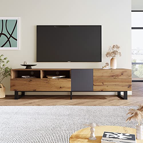 Moderno mueble de TV de color a juego, de grano de madera, con panel bajo, ofrece un gran espacio de almacenamiento de 180 cm para tu salón