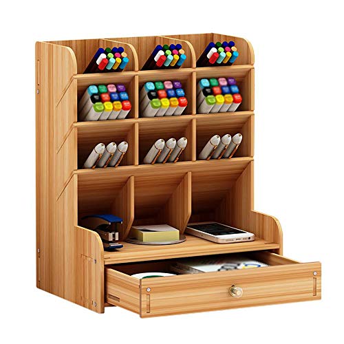 Organizador de escritorio de madera, multifuncional, con cajón, papelería, escritorio, organizador de escritorio, soporte para bolígrafos, para el hogar, la oficina y la escuela, color Cherry Wood