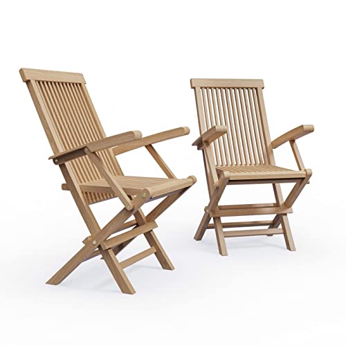 KMH Juego de 2 sillas plegables de teca con reposabrazos, madera de teca para balcón, jardín, terraza, muebles de jardín, sillas plegables