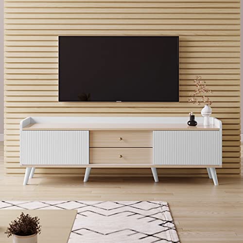 Moimhear Mueble de TV con dos cajones, mesa de televisión, mueble bajo de TV con dos puertas correderas. Textura exquisita. Color blanco y madera natural. H58/L160/T40 cm.