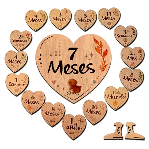 MOMENTOS ÚNICOS. Set tarjetas placas fichas de madera forma de corazón grabada por ambas caras en español. Regalo original cumple mes bebé niño niña, para fotografiar cumplemeses recién nacido