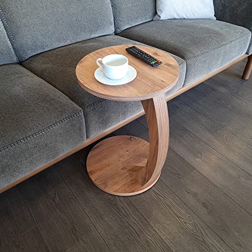 sugodesign Mesa auxiliar de centro con ruedas como estante para sofá - Pequeña y elegante mesa redonda en forma de C en bonito aspecto de madera de nogal